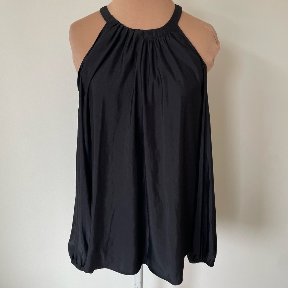 Ramy Brook Cold Shoulder Long Sleeve Black Silky Polyester Neck Detail Top EUC S